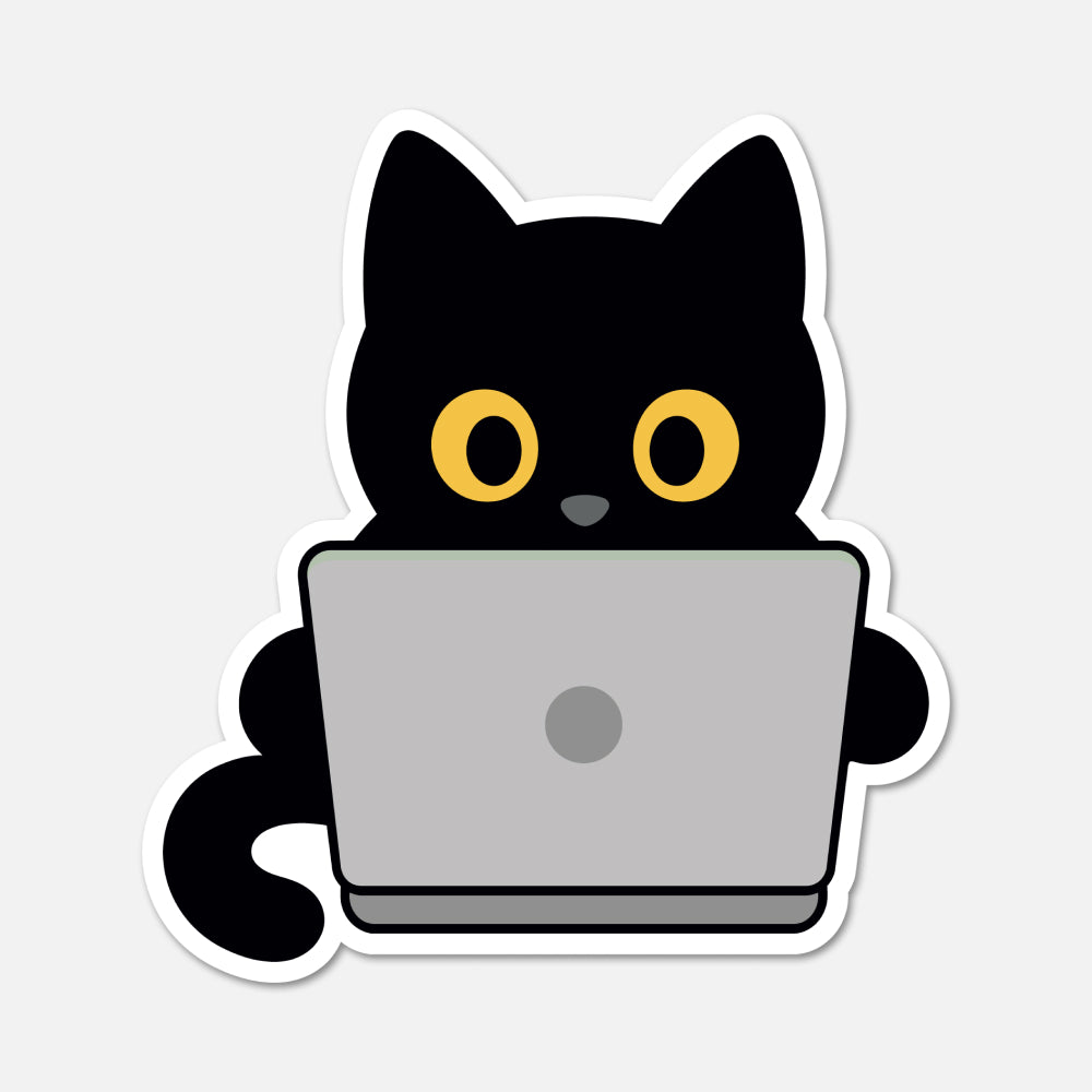 A die-cut sticker featuring a cartoon black cat with large yellow eyes using a gray laptop, shown on a light gray background.