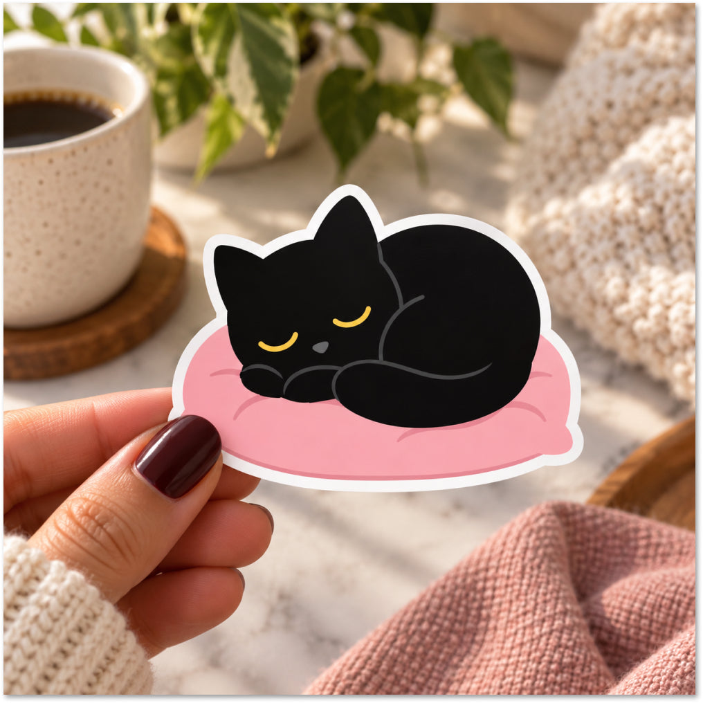 A hand holds a die-cut sticker featuring a sleeping black cat curled up on a pink cushion, with yellow eyes. The background shows a cozy lifestyle scene with a cup of coffee, a plant, and knitted blankets.