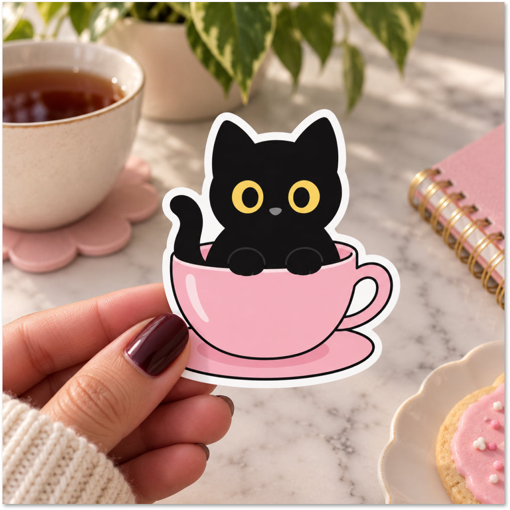 A hand with dark burgundy nail polish holds a die-cut sticker featuring a cute black cat sitting inside a pink teacup. The background is a cozy, softly blurred lifestyle setting with a white marble table, a pink notebook, a cup of tea, and a cookie.