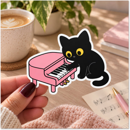 A die-cut sticker featuring a cute black cat playing a pink piano, held by a hand with dark burgundy nail polish. The background is a cozy, warm-toned desk scene with a coffee cup, potted plants, a pink notebook, and sheet music.
