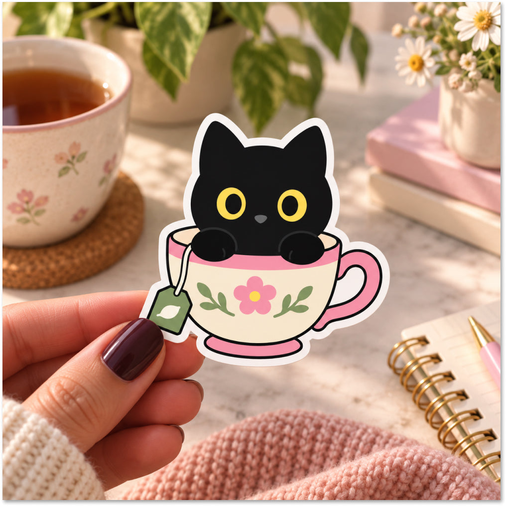 A die-cut sticker featuring a cute black cat peeking out of a pink floral teacup, held by a hand with dark burgundy nail polish. The background is a cozy, softly blurred lifestyle scene with a matching floral teacup, green plants, and a pink notebook.