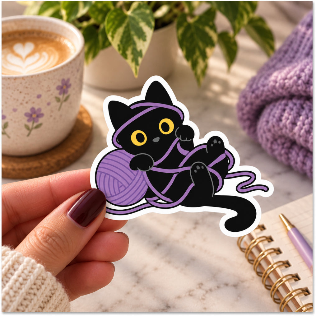 A hand holds a die-cut sticker featuring a black cat wrapped in a purple ball of yarn, with yellow eyes and a purple headband, shown against a cozy desk background with a coffee cup, plant, and notebook.
