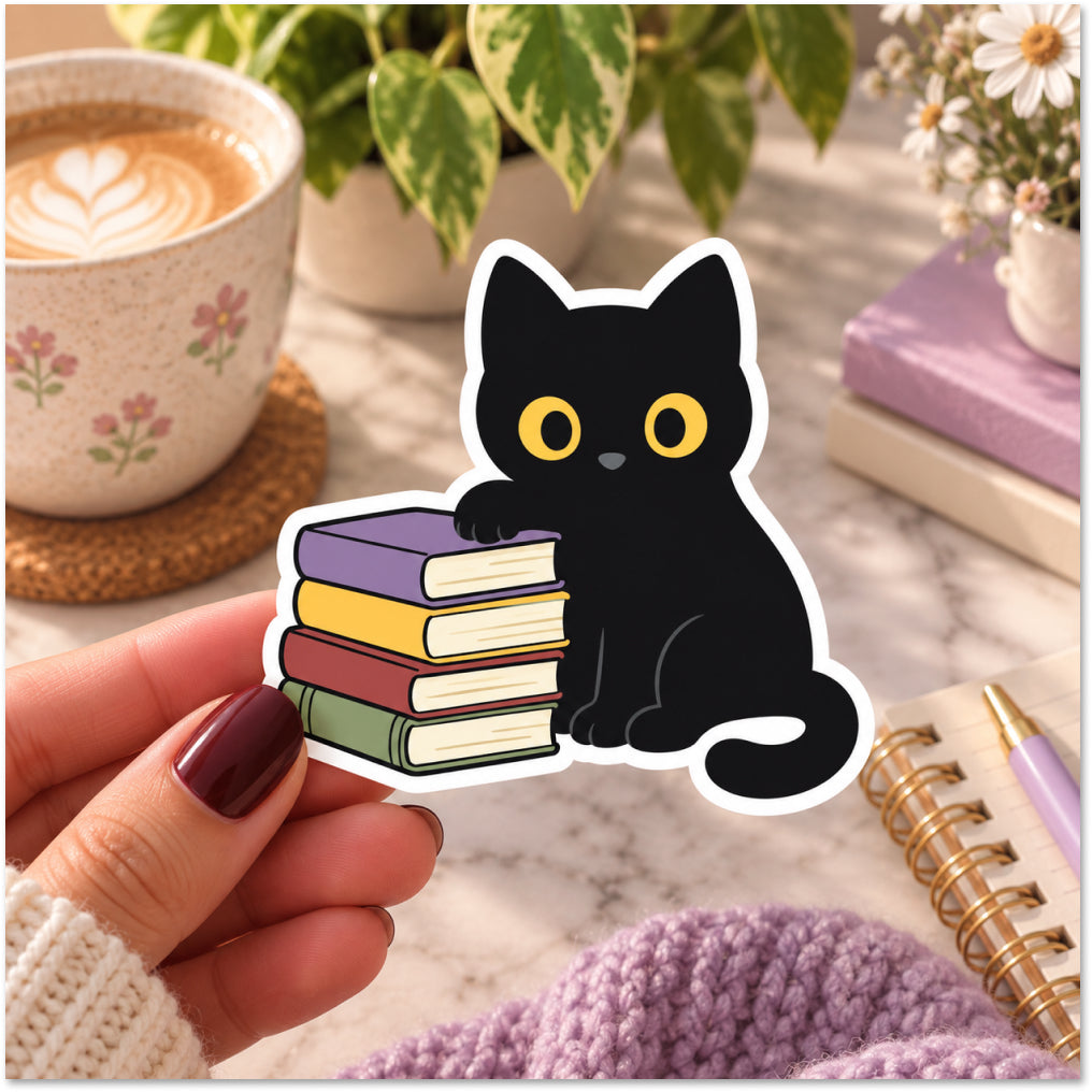 A die-cut sticker featuring a cute black cat with yellow eyes sitting on top of a stack of colorful books, held by a hand. The background is a cozy, styled desk scene with a cup of latte, a potted plant, and a notebook.