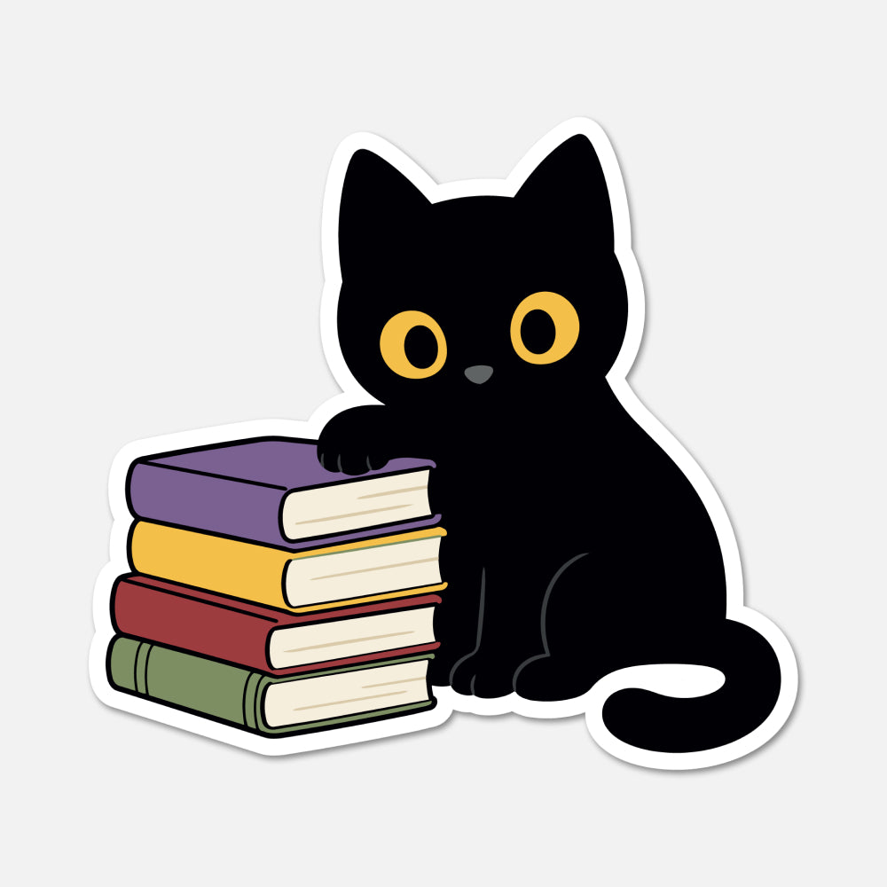 A die-cut sticker featuring a cartoon black cat with large yellow eyes sitting next to a stack of four colorful books on a light gray background.