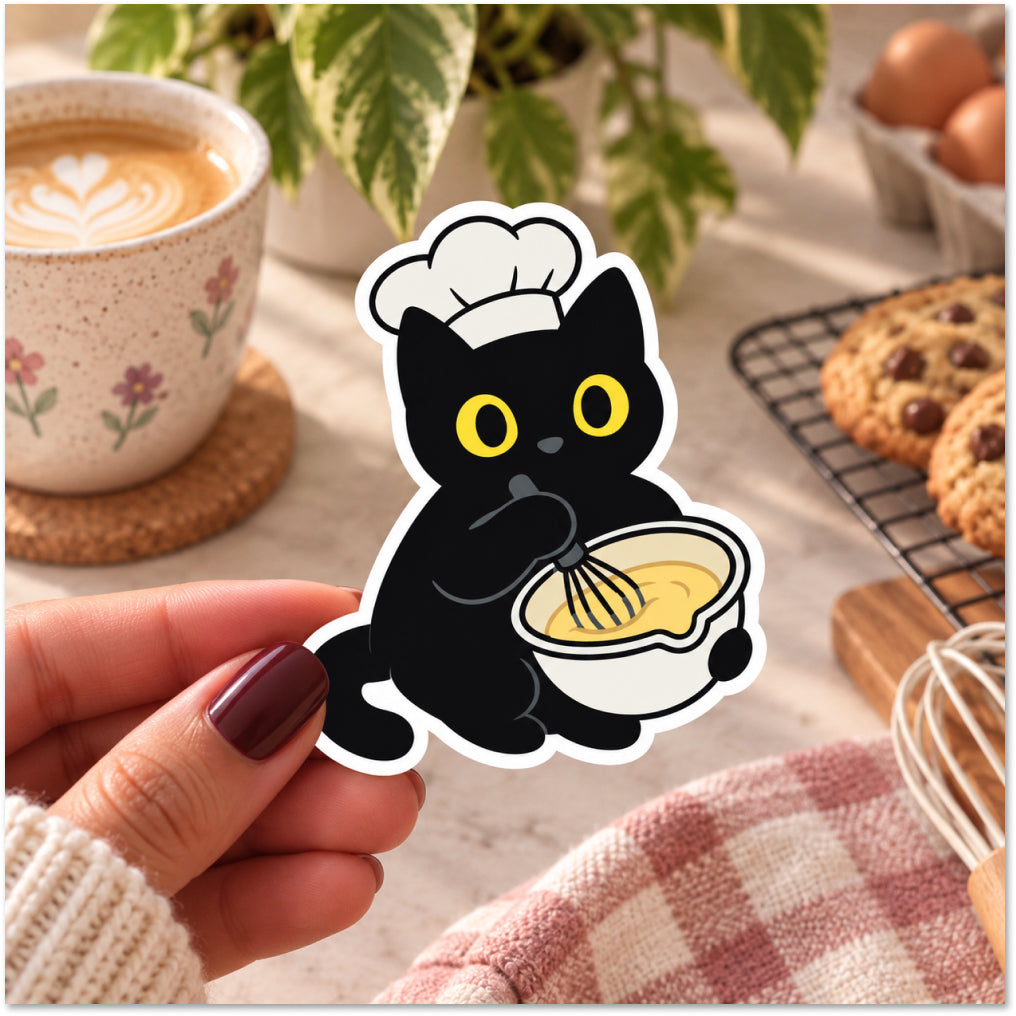 A hand holds a die-cut sticker featuring a black cat wearing a white chef hat and whiskering yellow batter, with a coffee cup, cookies, and kitchen items blurred in the background.