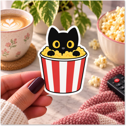 A hand holds a die-cut sticker featuring a cute black cat popping out of a red-and-white striped popcorn bucket. The scene is styled like a cozy movie night setup with a cup of latte, bowl of popcorn, plant leaves, and a remote control in the background.