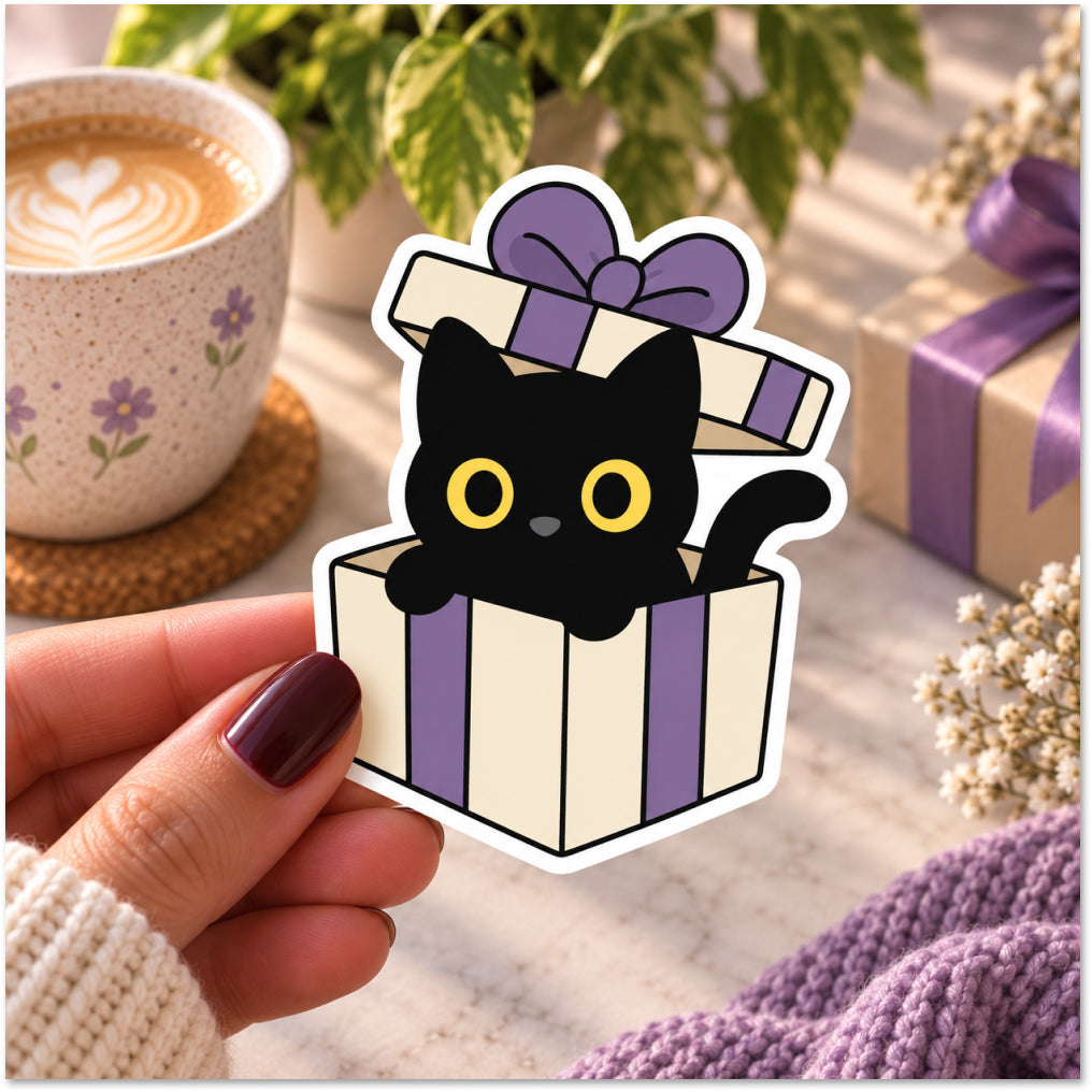 A hand with dark burgundy nail polish holds a die-cut sticker featuring a cute black cat peeking out of an open cream and purple gift box. The background is a cozy, softly blurred lifestyle scene with a cup of latte, a plant, and another gift box.