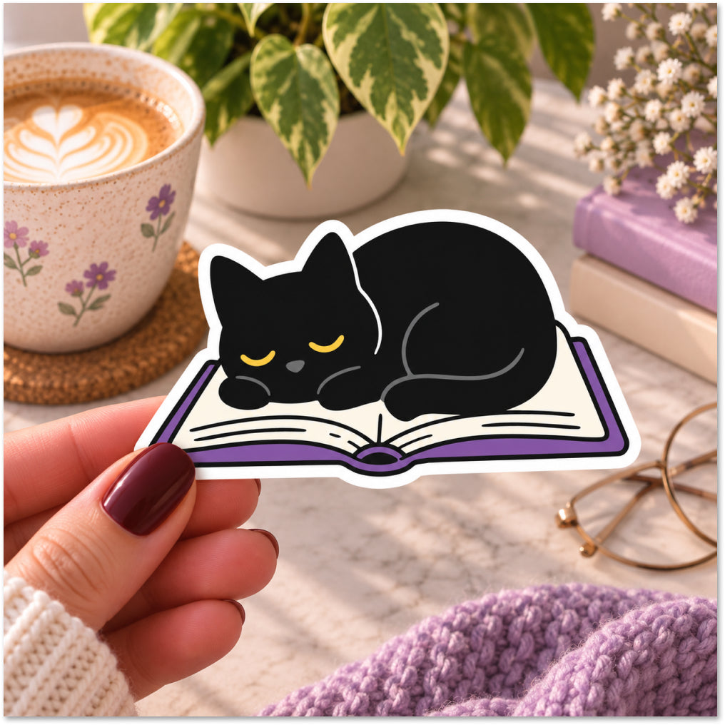 A hand holds a die-cut sticker featuring a black cat sleeping on an open purple book. The sticker is shown in a cozy tabletop setting with a coffee cup, plant, books, and a purple knit blanket in the background.