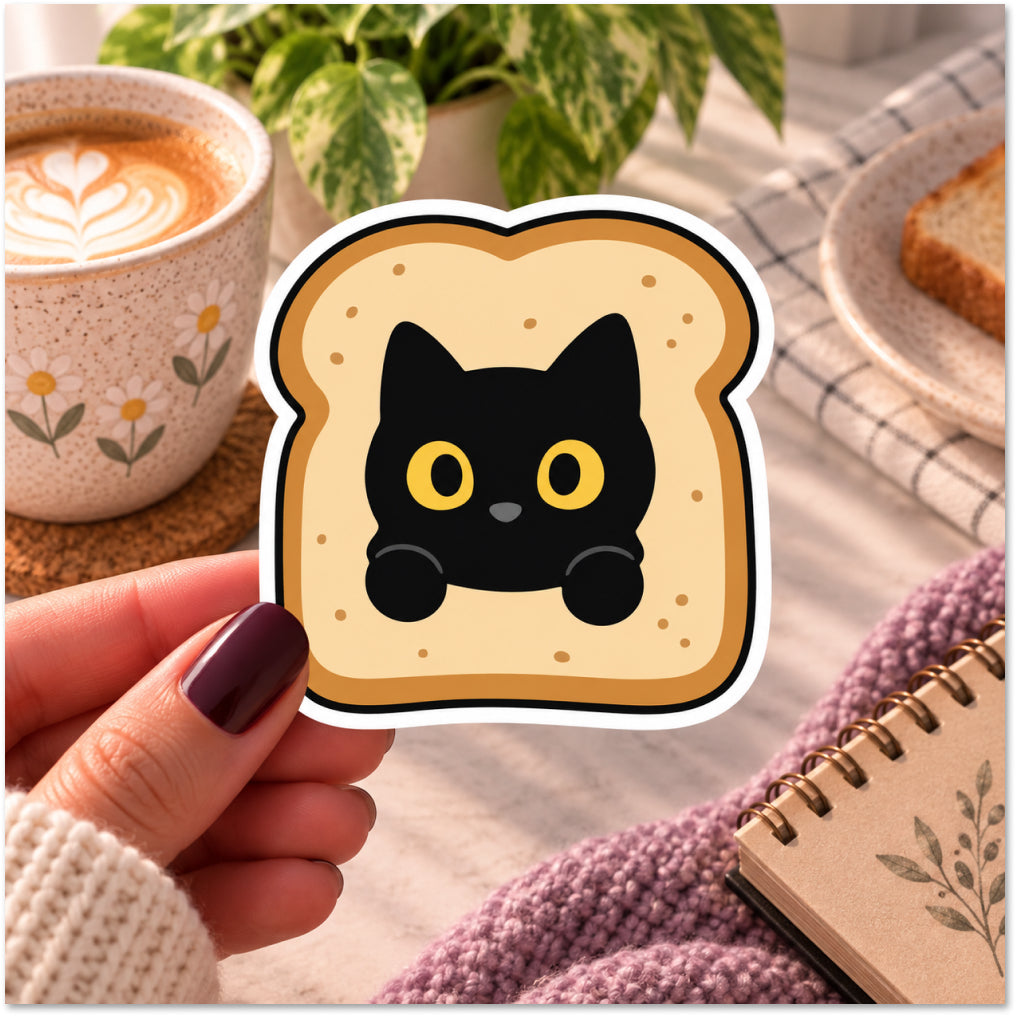 A hand holds a die-cut sticker shaped like a slice of toast with a black cat peeking out, set against a cozy tabletop scene with a coffee cup, plant, notebook, and blanket.