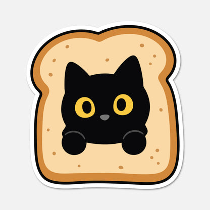 A die-cut sticker featuring a cartoon black cat peeking out from behind a slice of toasted bread, shown on a light gray background.
