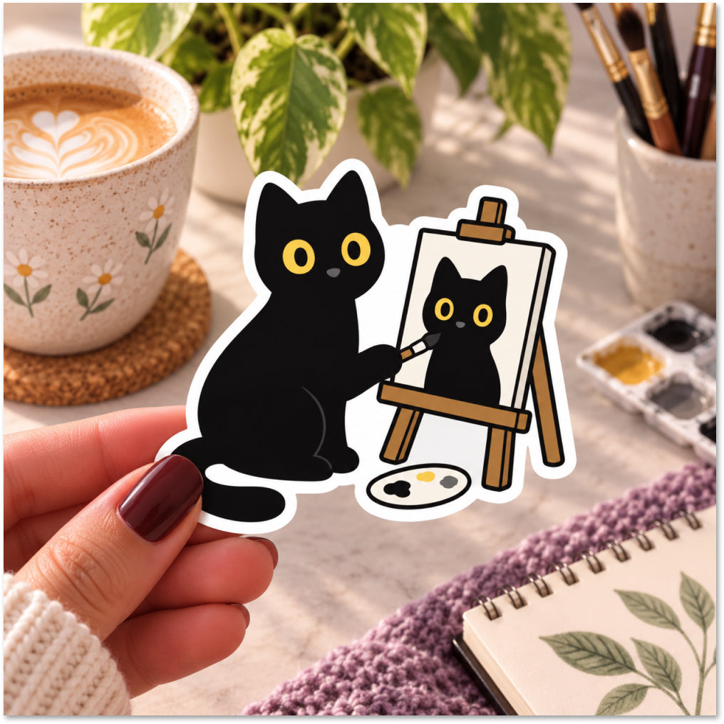 A hand holds a die-cut sticker featuring a black cat painting on an easel, with a matching black cat illustration on the sticker. The scene is styled with a coffee cup, plants, and art supplies in a bright, cozy setting.