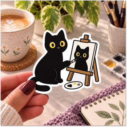 A hand holds a die-cut sticker featuring a black cat painting on an easel, with a matching black cat illustration on the sticker. The scene is styled with a coffee cup, plants, and art supplies in a bright, cozy setting.