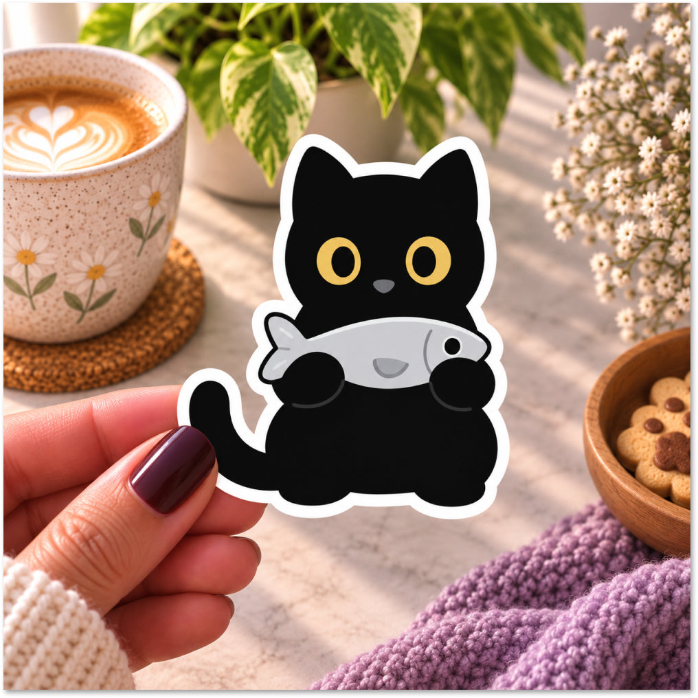 A hand holds a die-cut sticker of a cute black cat holding a silver fish, set against a cozy tabletop background with a coffee cup, potted plant, and flowers.