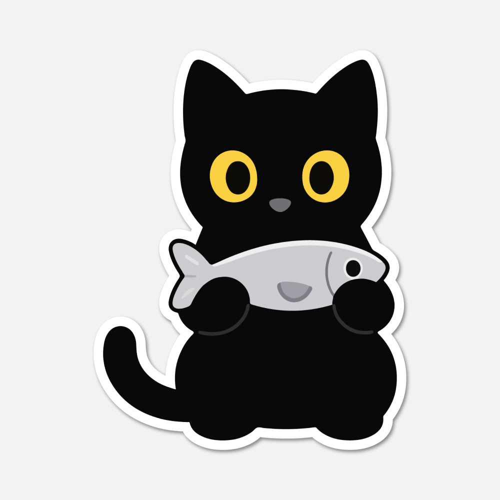 A cartoon-style die-cut sticker of a black cat holding a silver fish, shown on a light gray background.