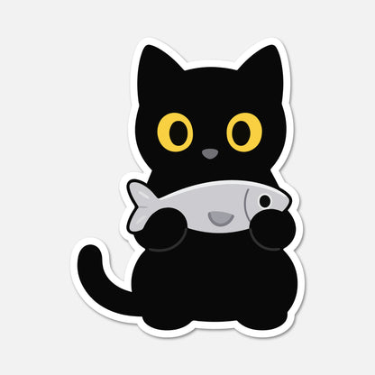 A cartoon-style die-cut sticker of a black cat holding a silver fish, shown on a light gray background.