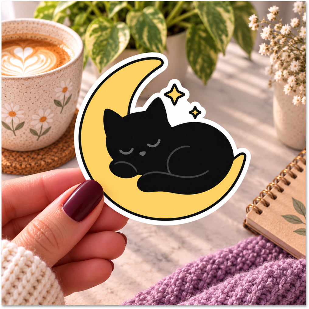 A hand holds a die-cut sticker featuring a black cat sleeping on a yellow crescent moon with small stars, set against a cozy tabletop scene with a coffee cup, plants, and a notebook.