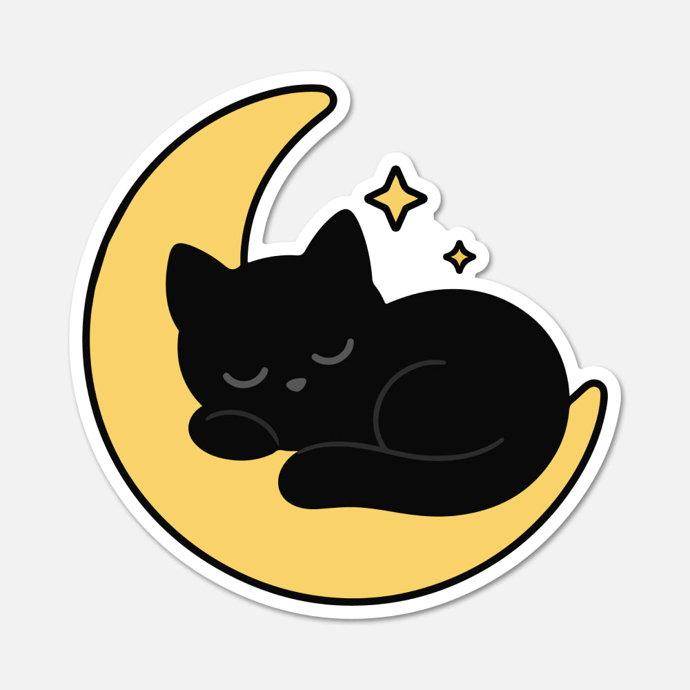 A die-cut sticker featuring a sleeping black cat curled up on a yellow crescent moon with small yellow stars, shown on a light gray background.
