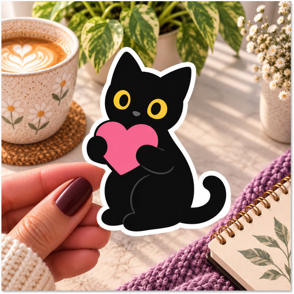 A hand with dark burgundy nail polish holds a die-cut sticker of a cute black cat holding a pink heart. The background is a cozy, sunlit tabletop scene with a cup of latte, potted green plants, a purple knit blanket, and a spiral notebook.