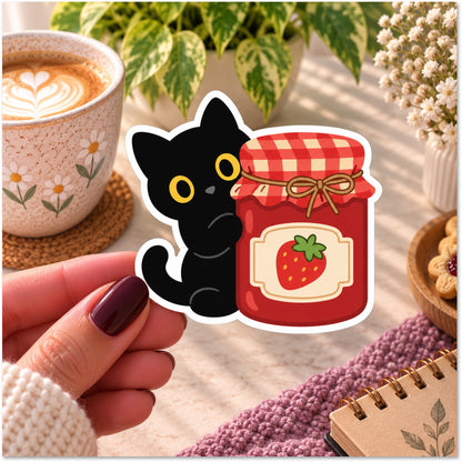 A hand with dark burgundy nail polish holds a die-cut sticker featuring a cute black cat peeking from behind a red strawberry jam jar. The scene is styled with a cup of latte, potted plants, and a cozy notebook in the background.