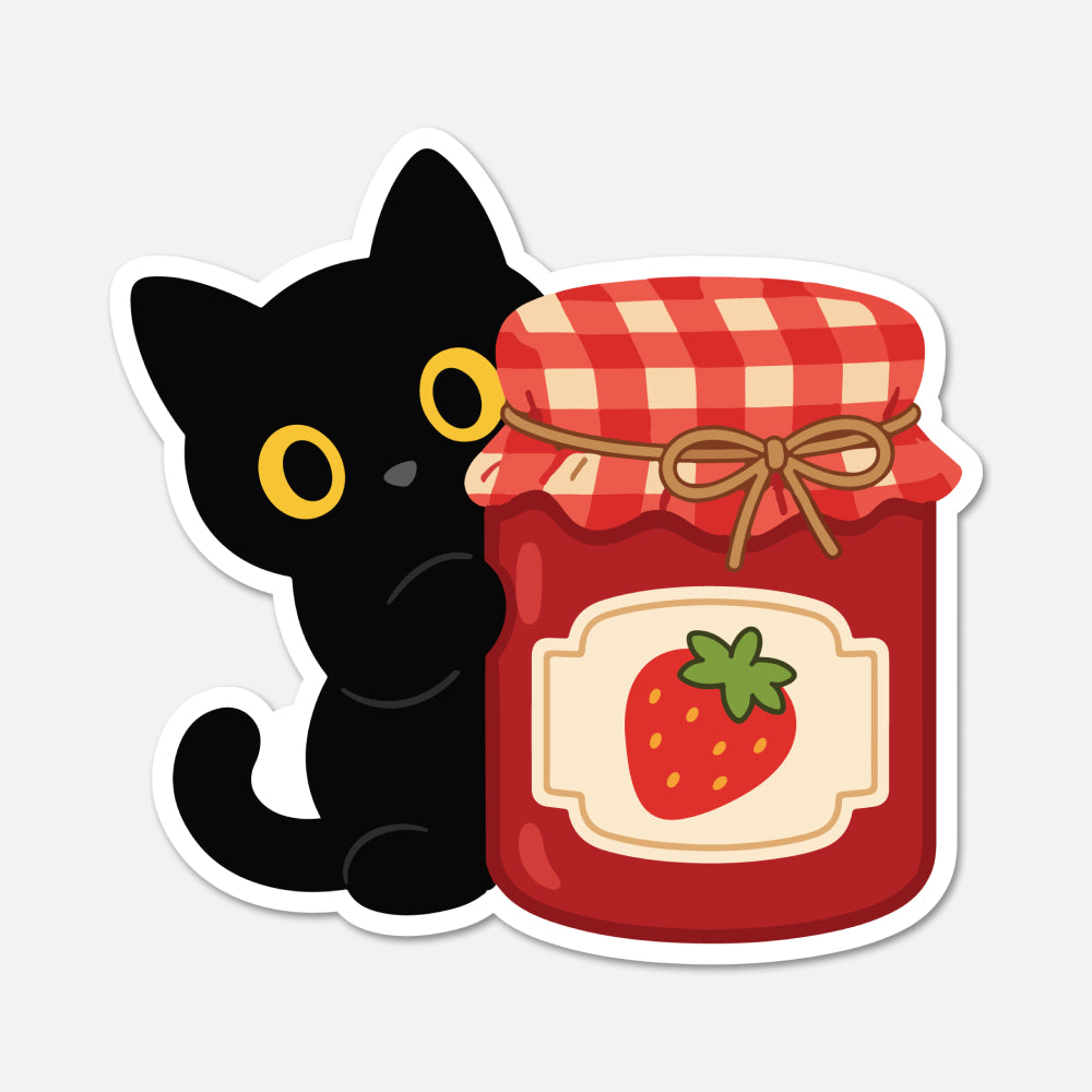 A die-cut sticker featuring a cute cartoon black cat peeking behind a red jam jar with a strawberry label and red-and-white gingham lid, shown on a light gray background.