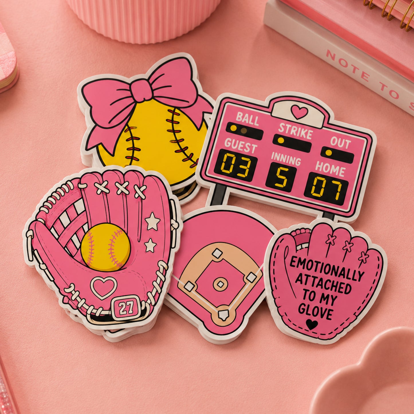 hand drawn softball stickers on white background