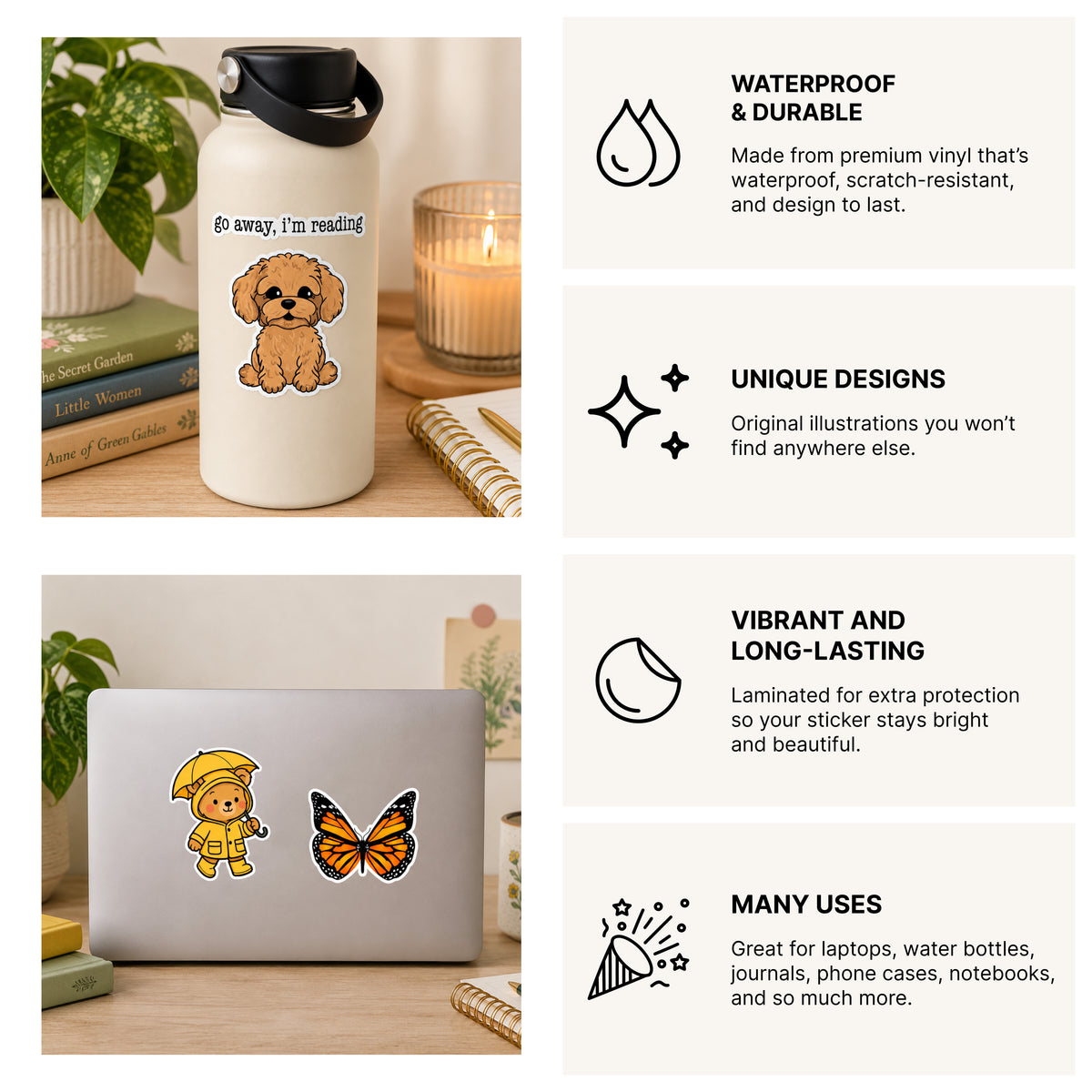 A collage showing a white insulated water bottle and a silver laptop with colorful cartoon stickers, alongside marketing text highlighting waterproof durability, unique designs, vibrant print, and long-lasting lamination.