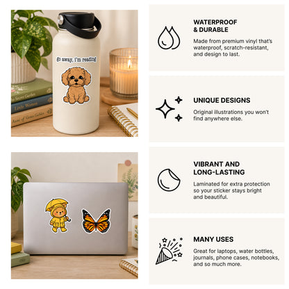 A collage showing a white insulated water bottle and a silver laptop with colorful cartoon stickers, alongside marketing text highlighting waterproof durability, unique designs, vibrant print, and long-lasting lamination.