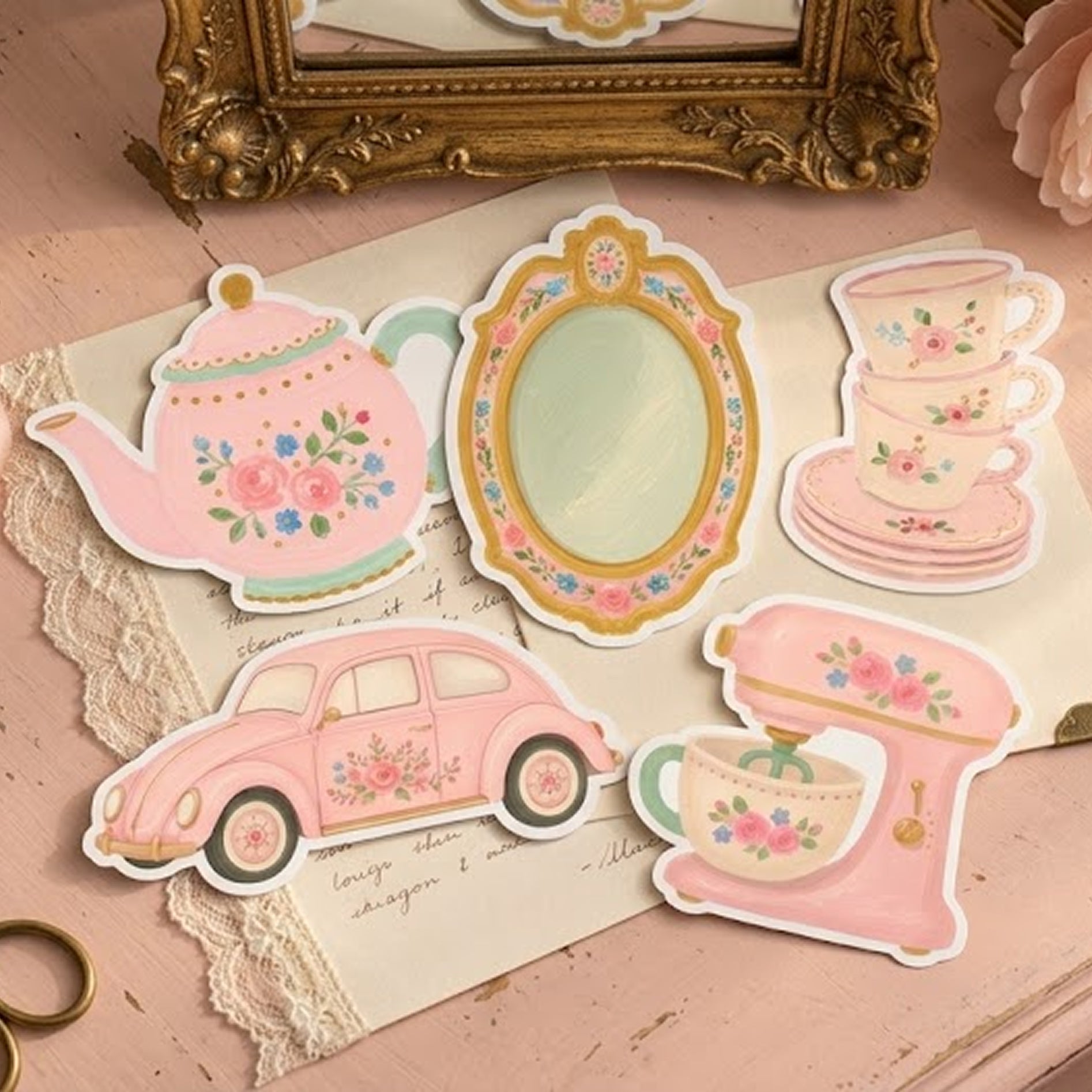 hand drawn pink vintage stickers on white background