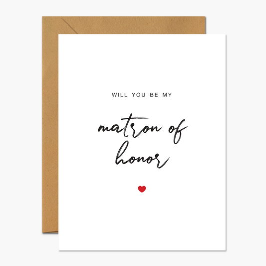 Greeting card with "Will You Be My Matron of Honor?" text and an elegant design, ideal for inviting your married friend to your wedding.