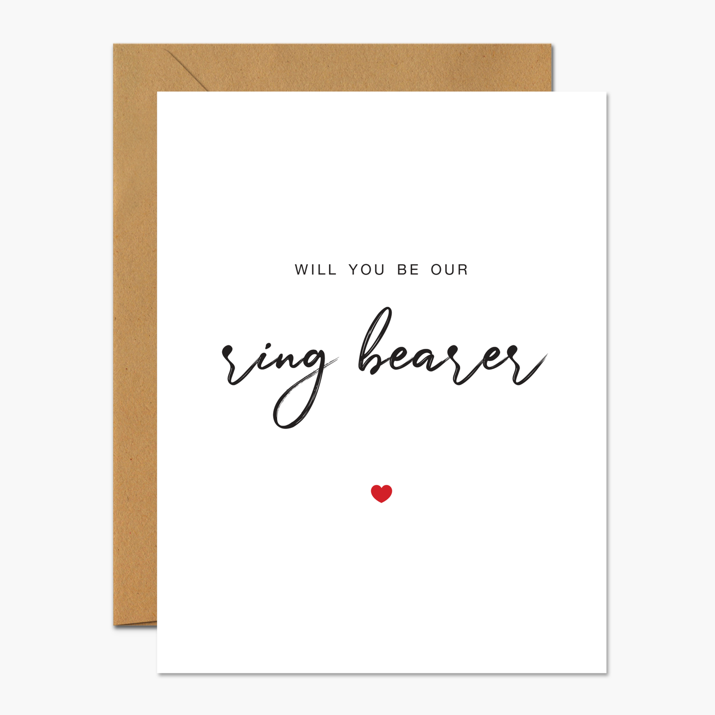 Greeting card with "Will You Be My Ring Bearer?" text and a playful design, perfect for inviting a young boy to join your wedding.