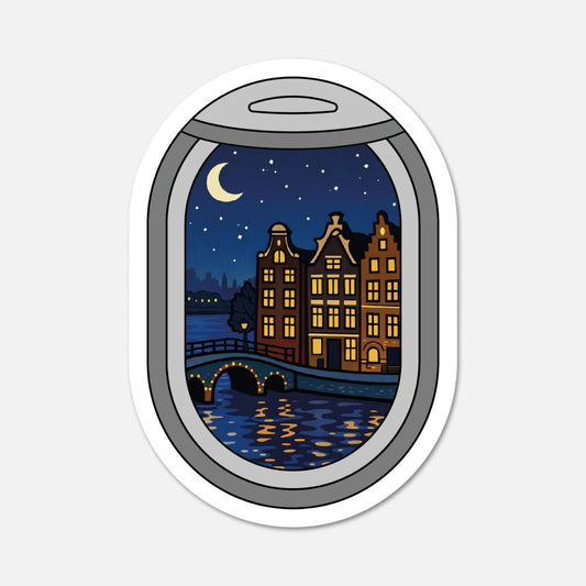 Airplane Window Amsterdam, Netherlands Travel Sticker - Footnotes Paper