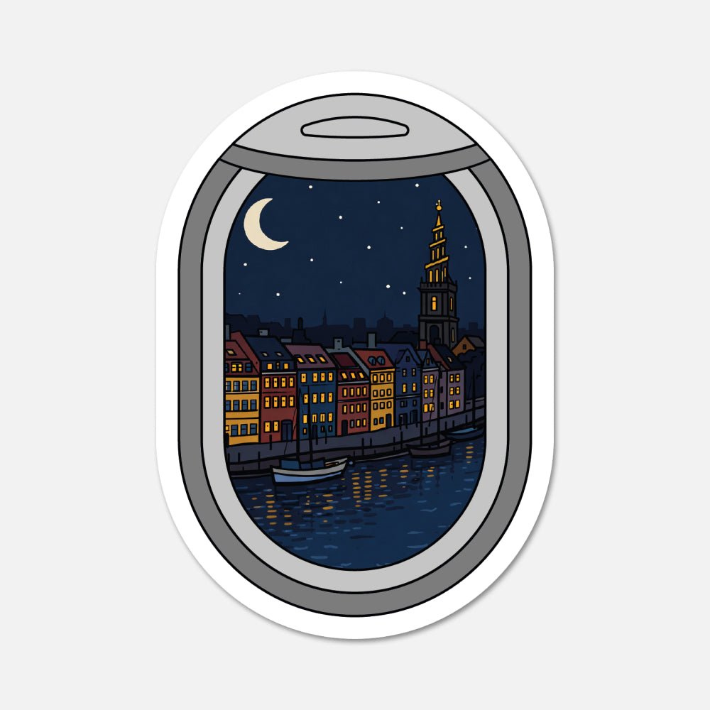 Airplane Window Copenhagen, Denmark at Night Travel Sticker - Footnotes Paper