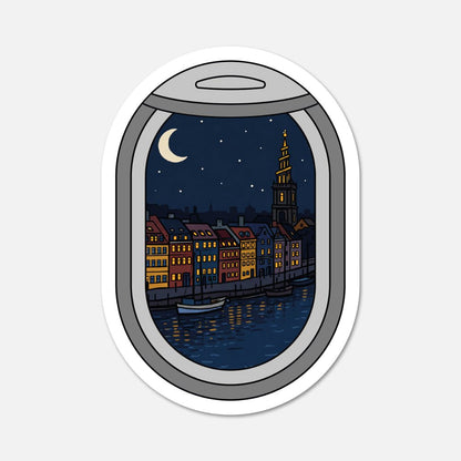 Airplane Window Copenhagen, Denmark at Night Travel Sticker - Footnotes Paper