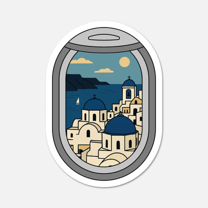 Airplane Window Santorini, Greece Travel Sticker - Footnotes Paper