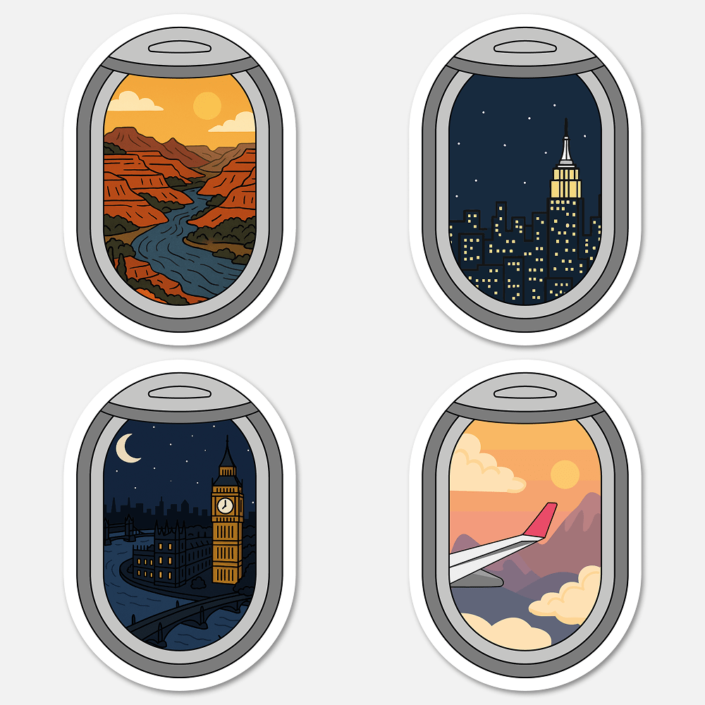 hand drawn airplane window travel sticker on white background