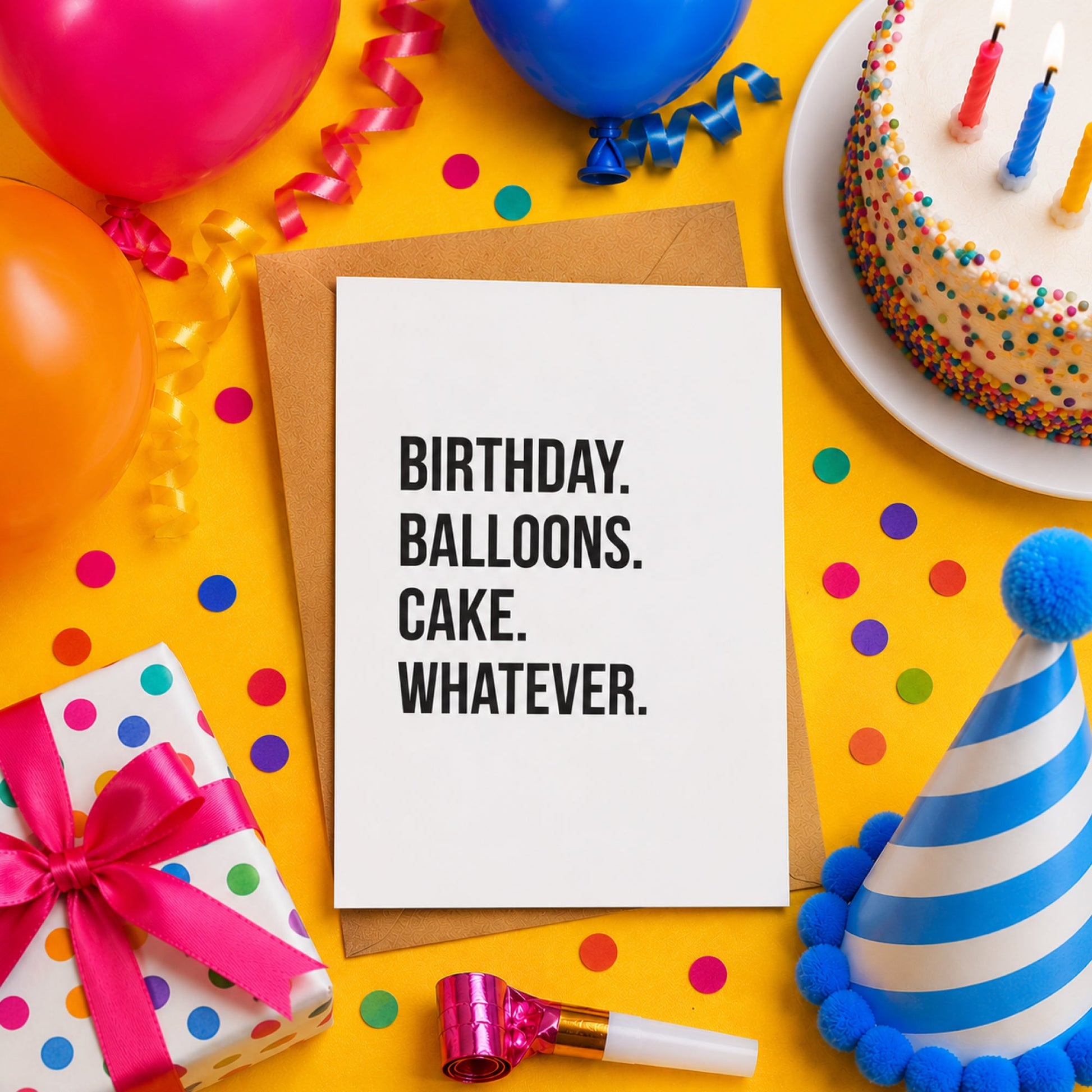 Birthday. Balloons. Cake. Whatever. - Birthday Card - Footnotes Paper