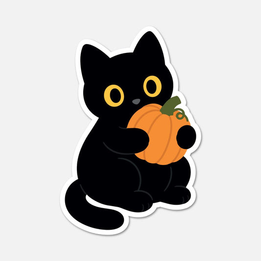 Black Cat Holding Pumpkin - Animal Sticker - Footnotes Paper