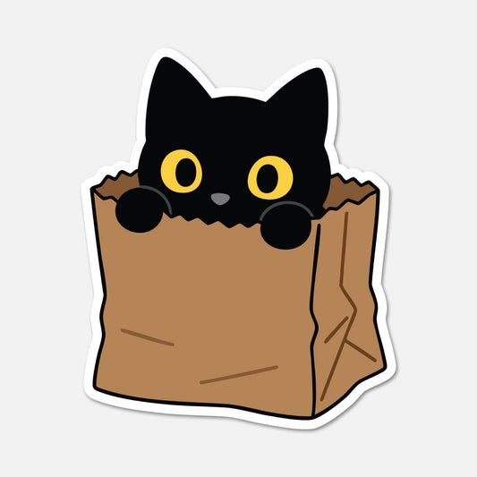 Black Cat In Brown Paper Bag - Animal Sticker - Footnotes Paper