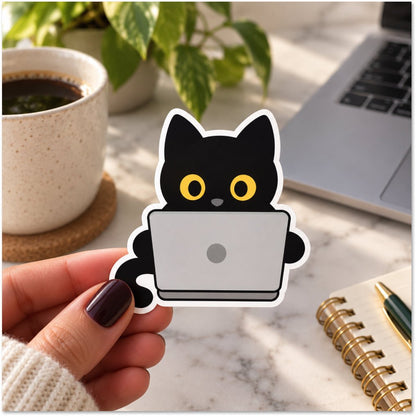 Black Cat On Laptop - Animal Sticker - Footnotes Paper