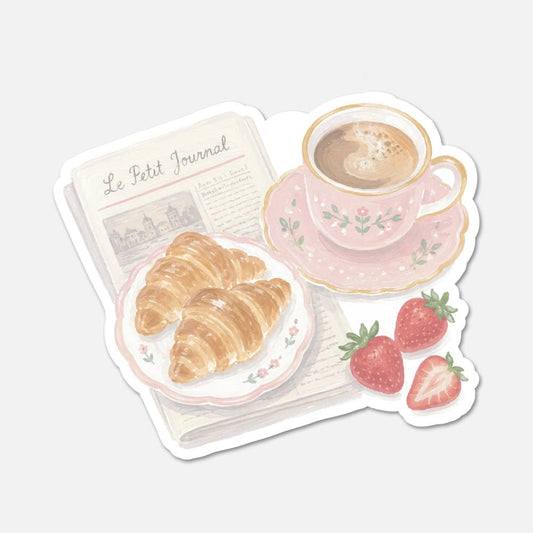 Coffee Newspaper Croissant - Cottagecore Sticker - Footnotes Paper