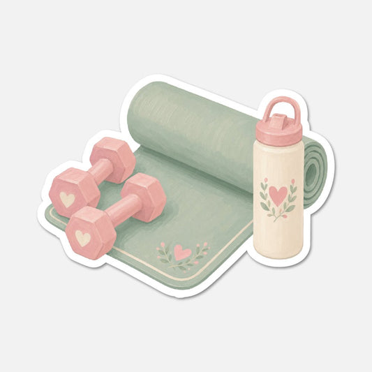 Dumbbell With Yoga Mat - Cottagecore Sticker - Footnotes Paper