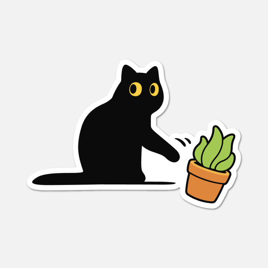 Black Cat Knocking Over A Plant - Cat Sticker