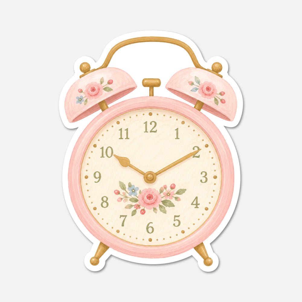 Floral Alarm Clock - Pink Vintage Sticker - Footnotes Paper