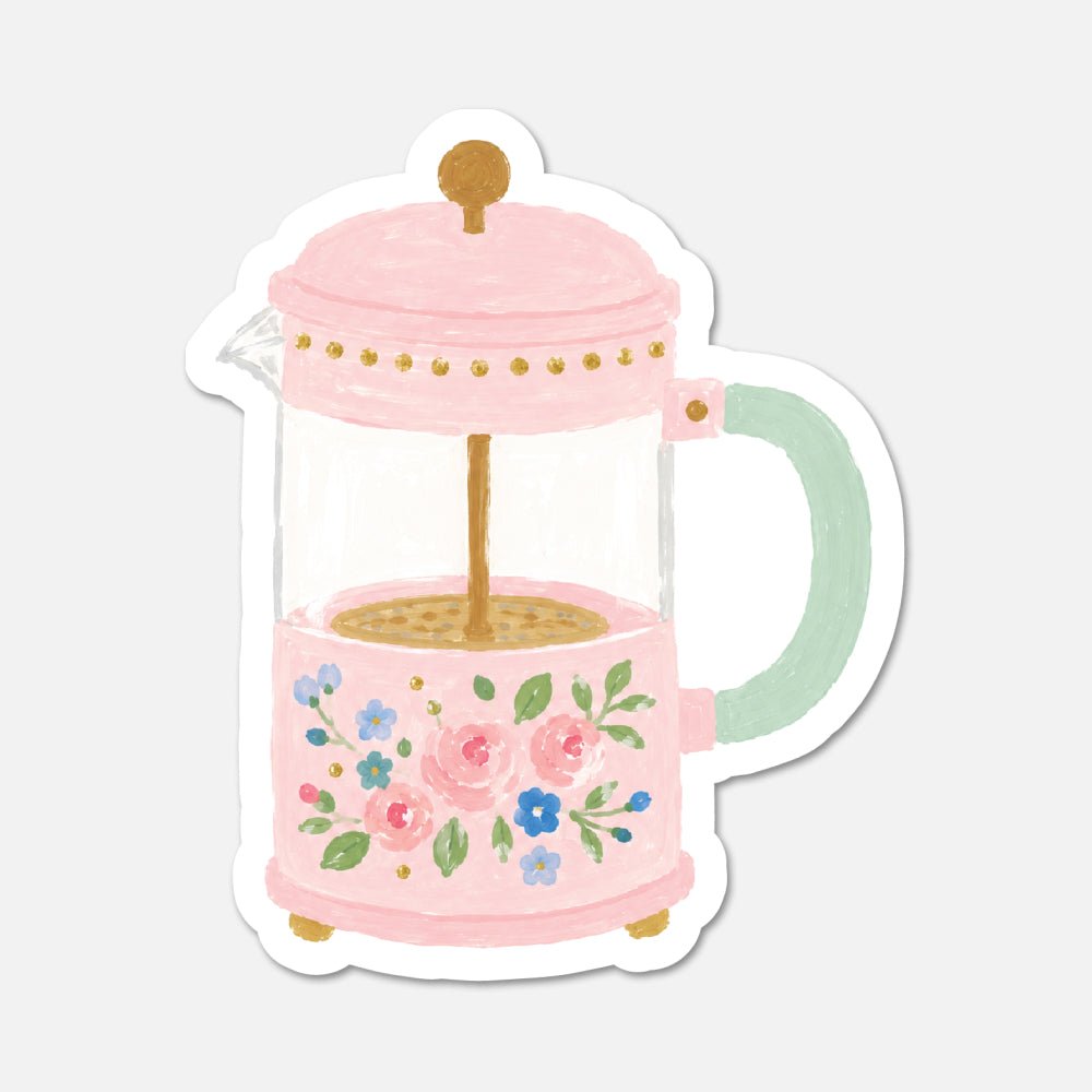 Floral Frenchpress Coffee - Pink Vintage Sticker - Footnotes Paper