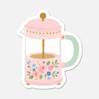 Floral Frenchpress Coffee - Pink Vintage Sticker - Footnotes Paper