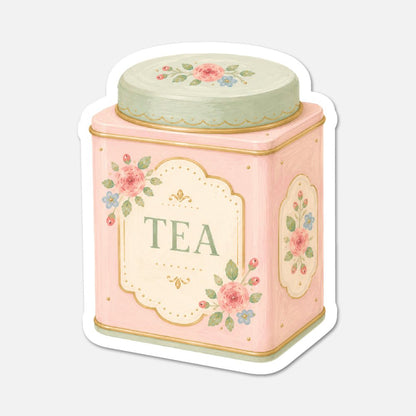 Floral Tea Tin - Pink Vintage Sticker - Footnotes Paper