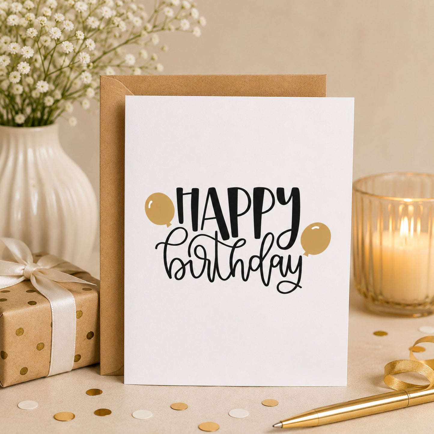 Happy Birthday Gold Balloons Card Minimalist Birthday Greeting Card - Footnotes Paper