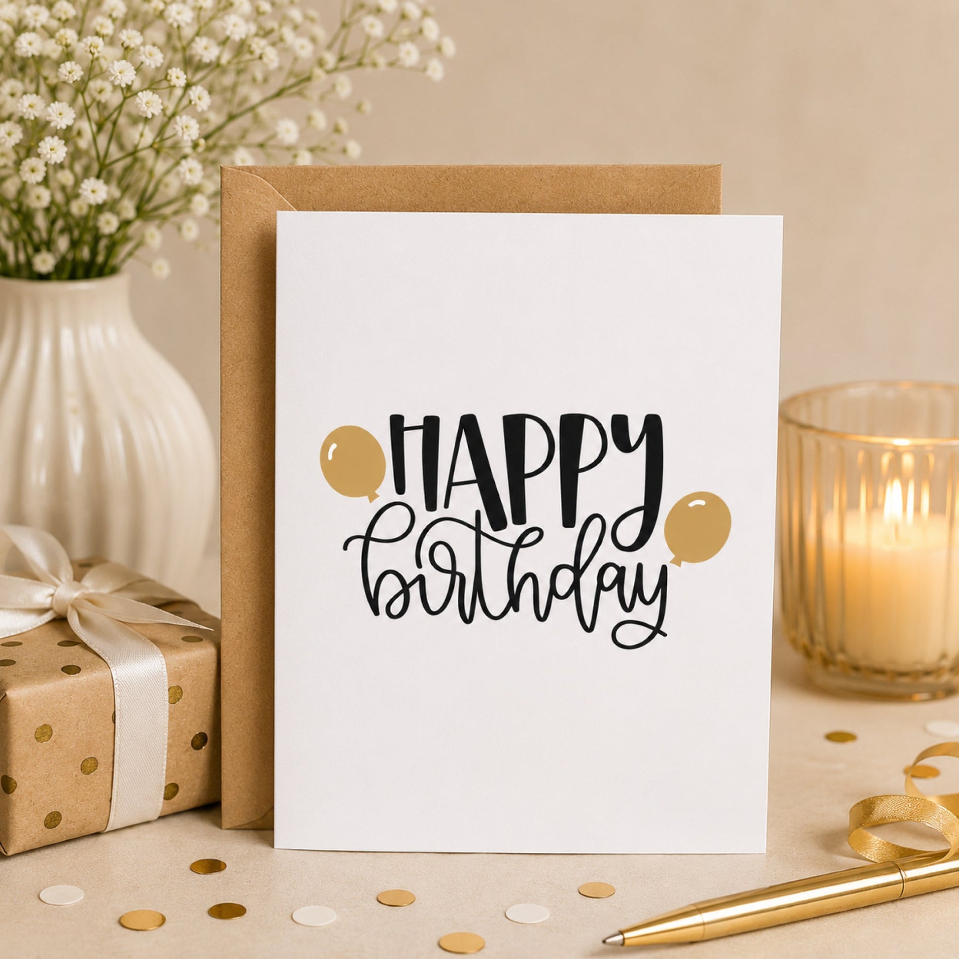 Happy Birthday Gold Balloons Card Minimalist Birthday Greeting Card - Footnotes Paper