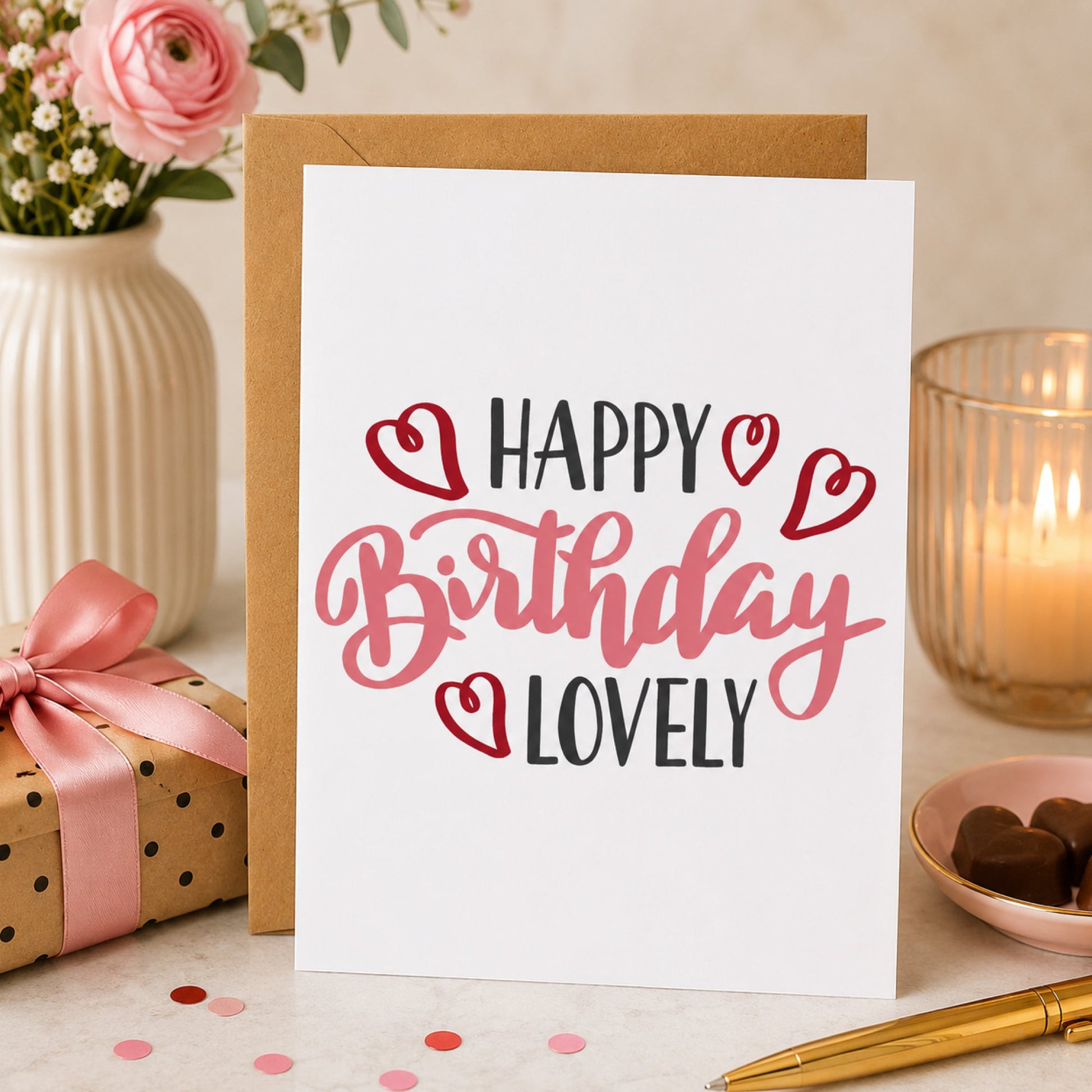 Happy Birthday Lovely Card Sweet Birthday Card for Her with Hearts - Footnotes Paper