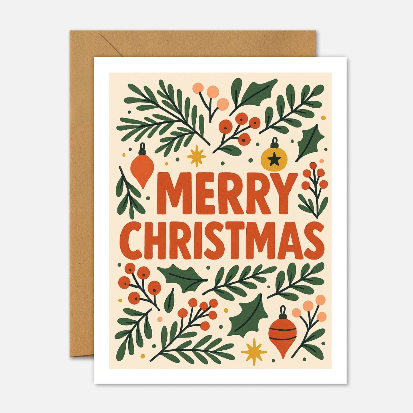 Merry Christmas Ornaments and Holly Christmas Card - Footnotes Paper